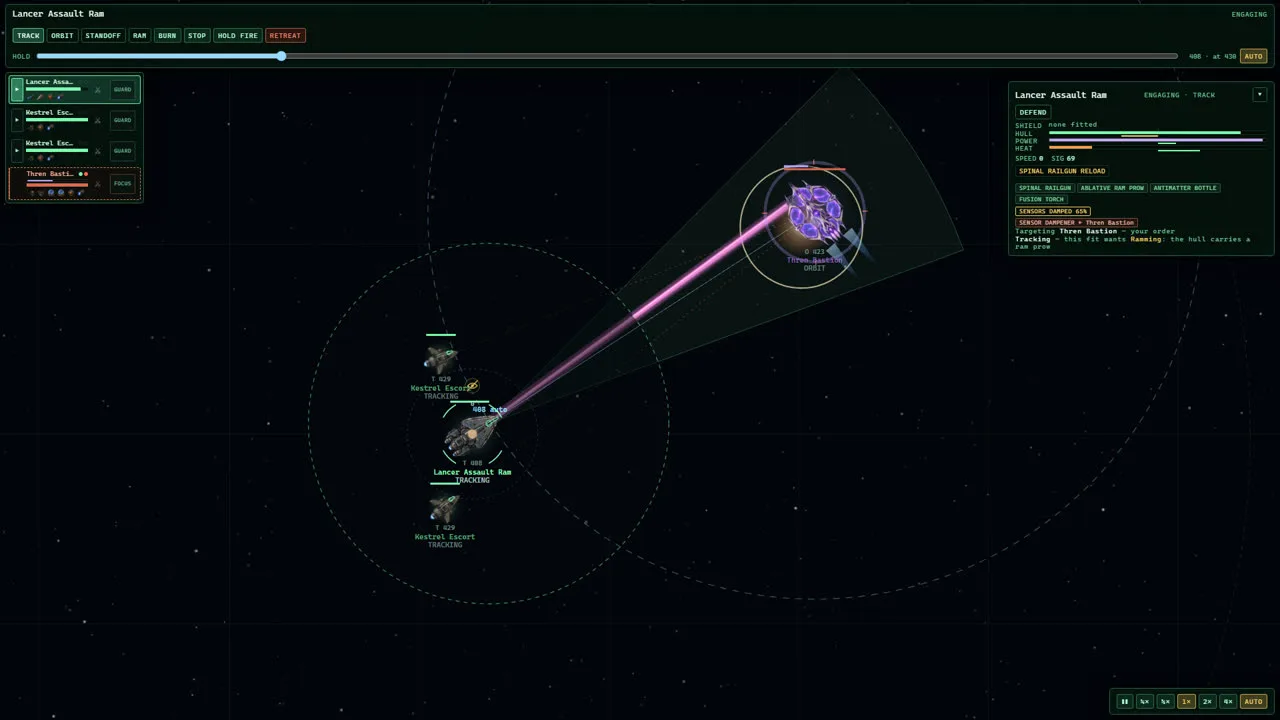 A tactical battle screen from Humanity: First Year: a human assault ship with two escorts fires a railgun at a purple alien warship, with order buttons along the top and ship status panels on both sides.